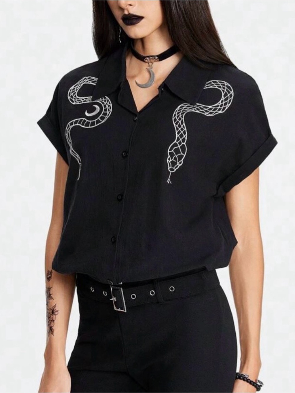 ROMWE Black Button-Down Top with White Snake Motif